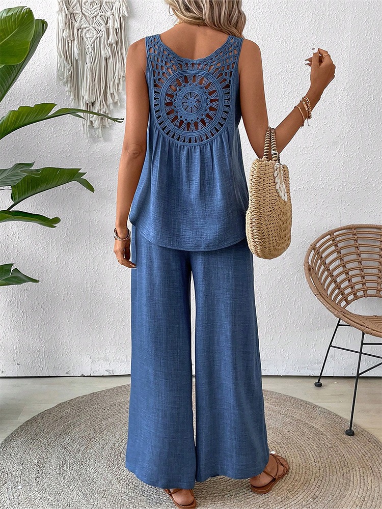 Women's Summer Floral Hollow Back Vest & Elastic Waist Wide Leg Pants Set
