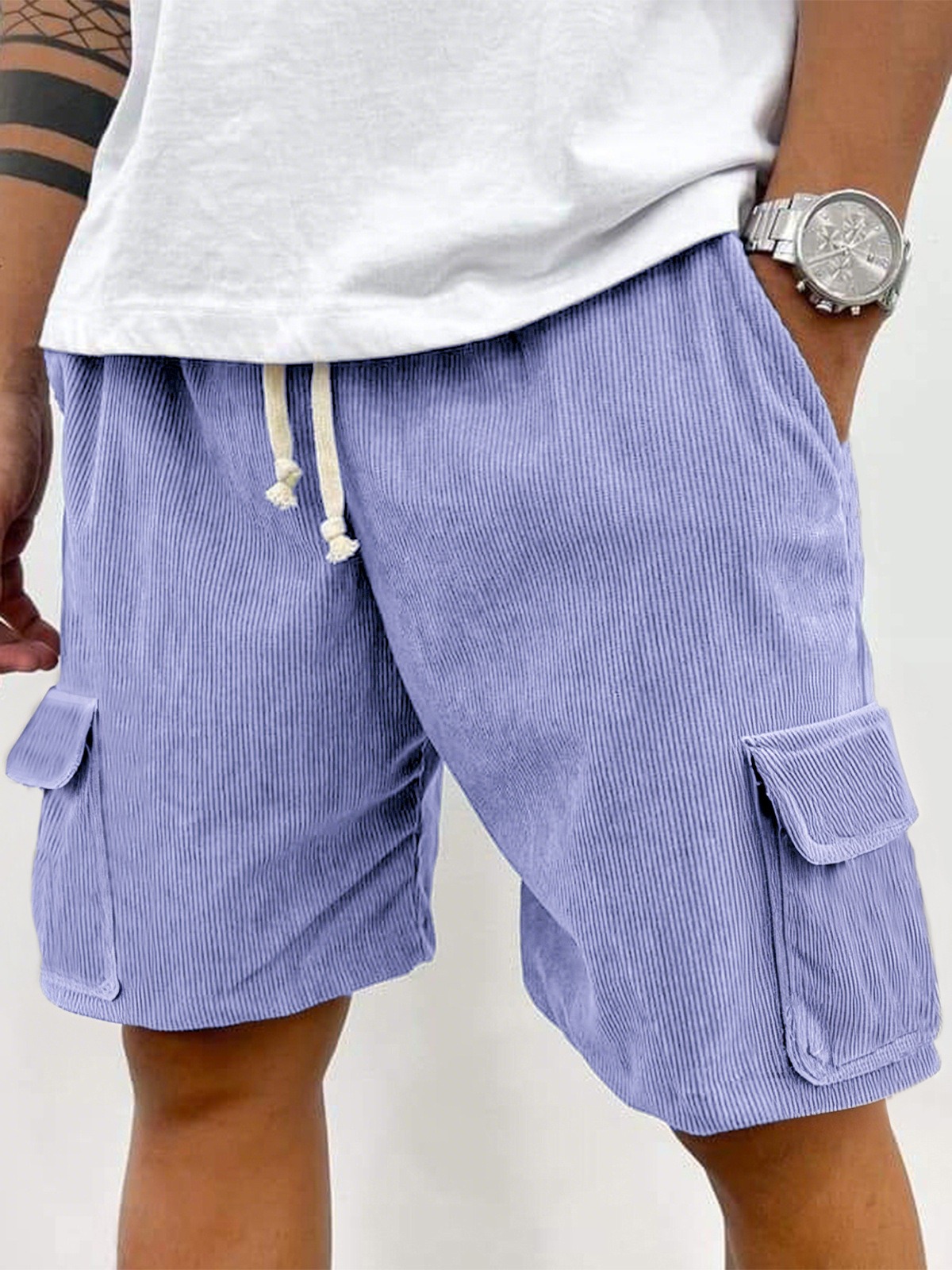Men's Stylish Multi-pocket Cargo Shorts Corduroy Casual Lace-up Loose Shorts