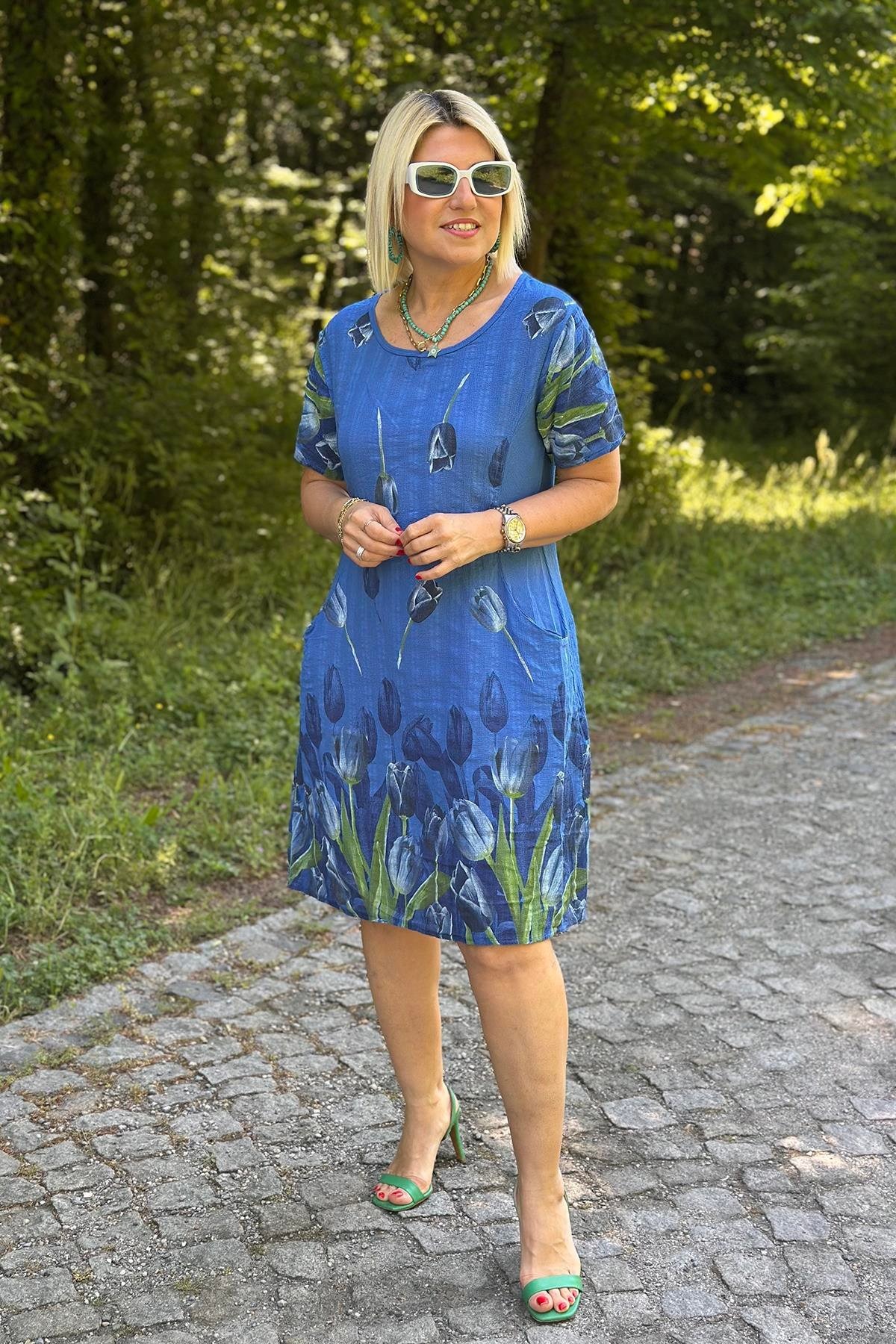 Green Crew Neck Pocket Tulip Pattern  Dress