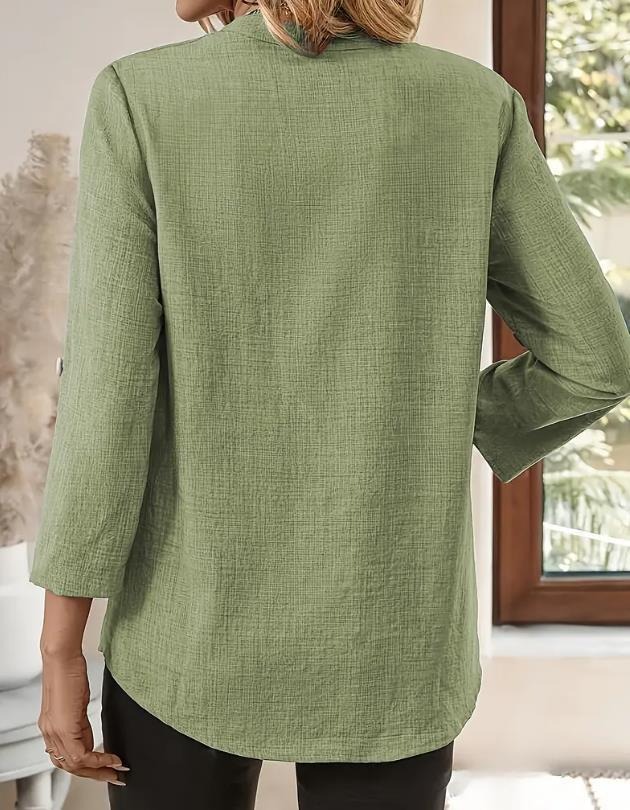 Casual Notched Roll-Up Sleeve Pocket Blouse