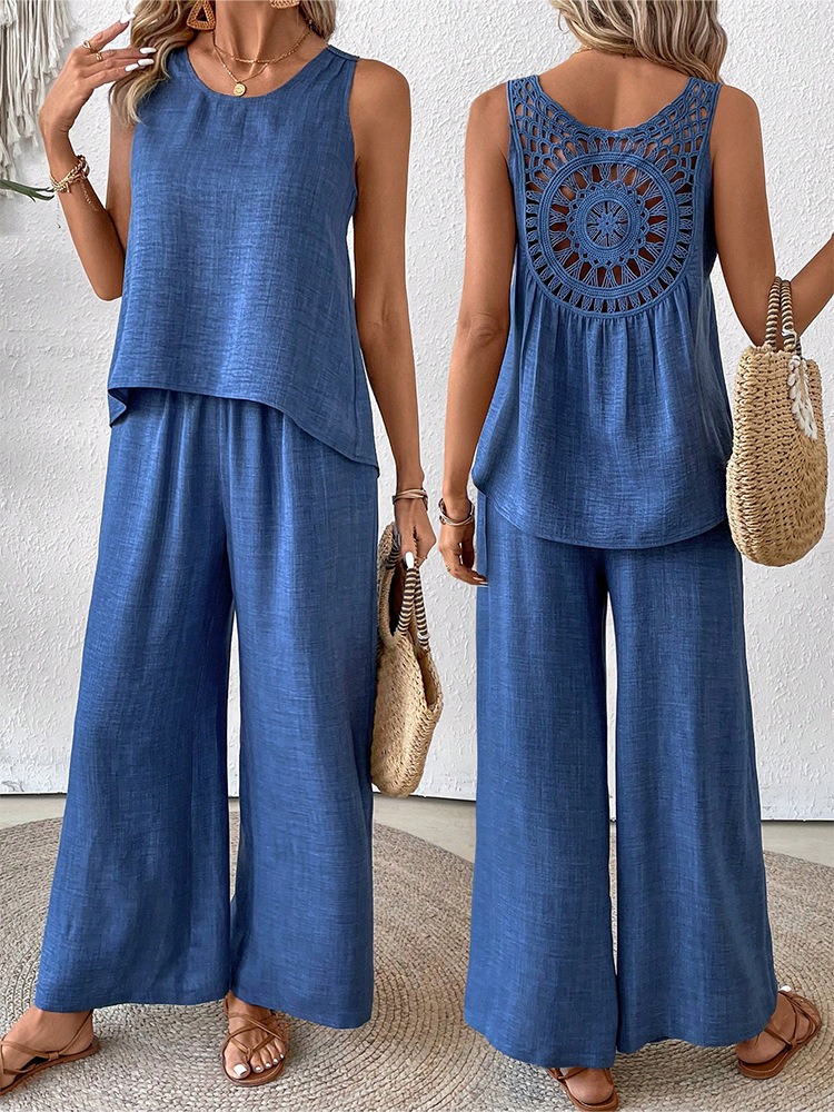 Women's Summer Floral Hollow Back Vest & Elastic Waist Wide Leg Pants Set