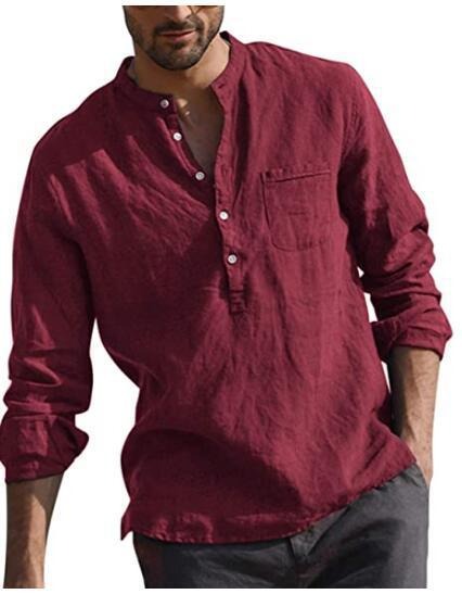 Men's Cotton Linen Summer Solid Color Stand-Up Collar Long-Sleeved Shirts