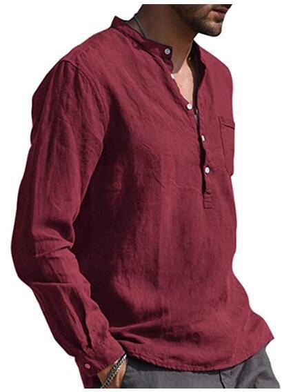 Men's Cotton Linen Summer Solid Color Stand-Up Collar Long-Sleeved Shirts