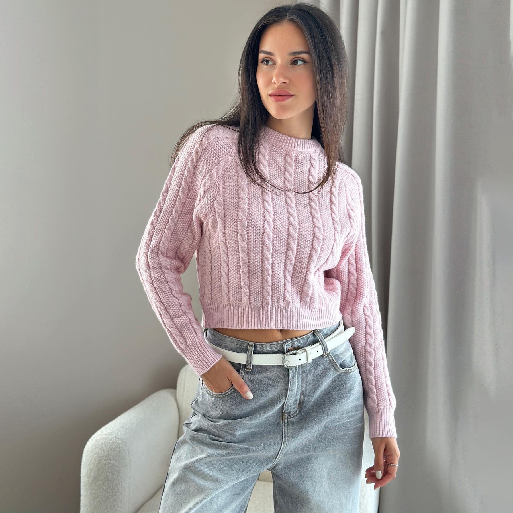 Women's pink round neck basic short sweater top