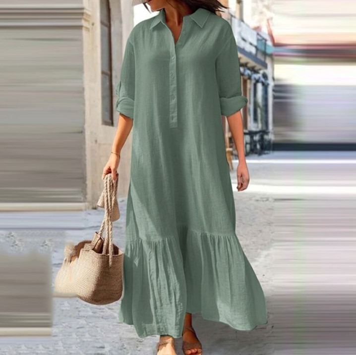 Cotton and Linen Long Irregular Dress Shirt Collar Twist Button Casual Dress
