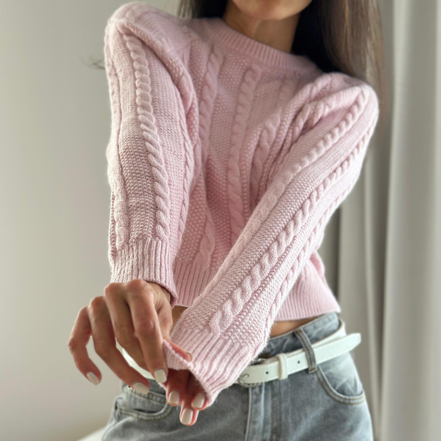 Women's pink round neck basic short sweater top