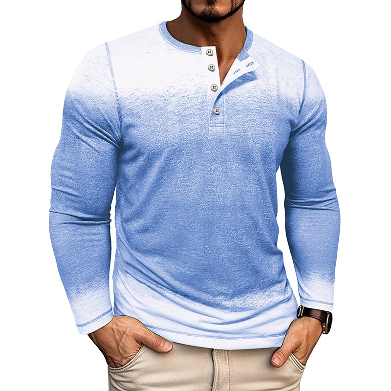 Men's Three Button Gradient Long Sleeve Henley Shirt