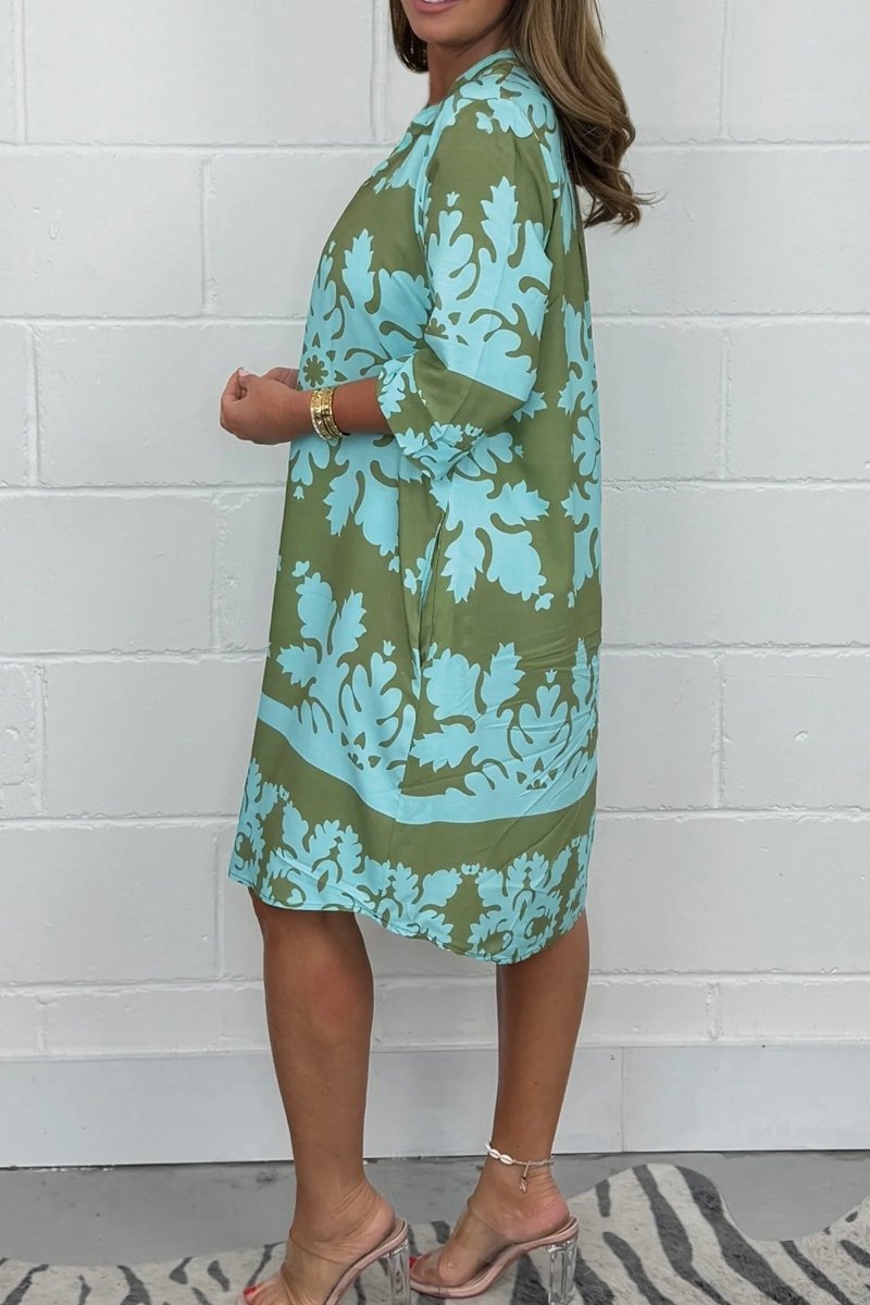 Plants Print Three Quarters Sleeve Stand Collar Dress