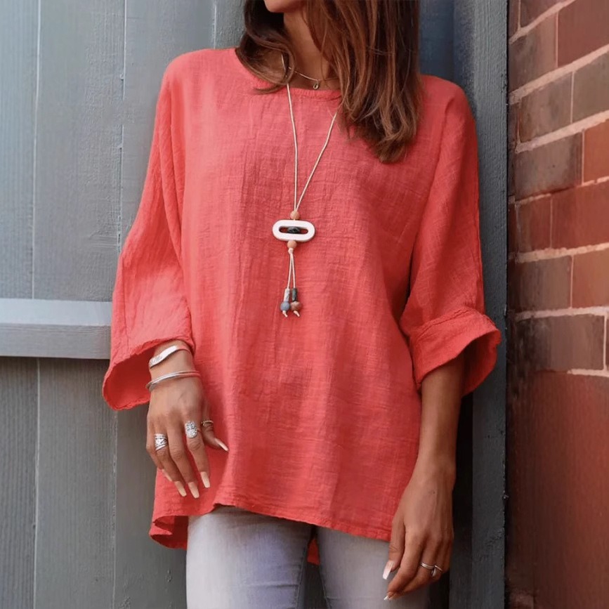 Women's round neck cotton and linen long-sleeved top
