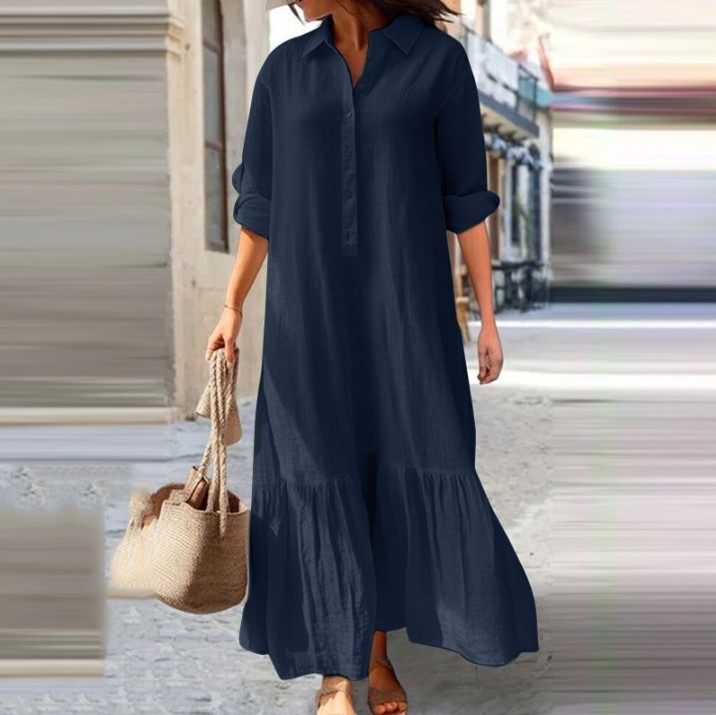 Cotton and Linen Long Irregular Dress Shirt Collar Twist Button Casual Dress