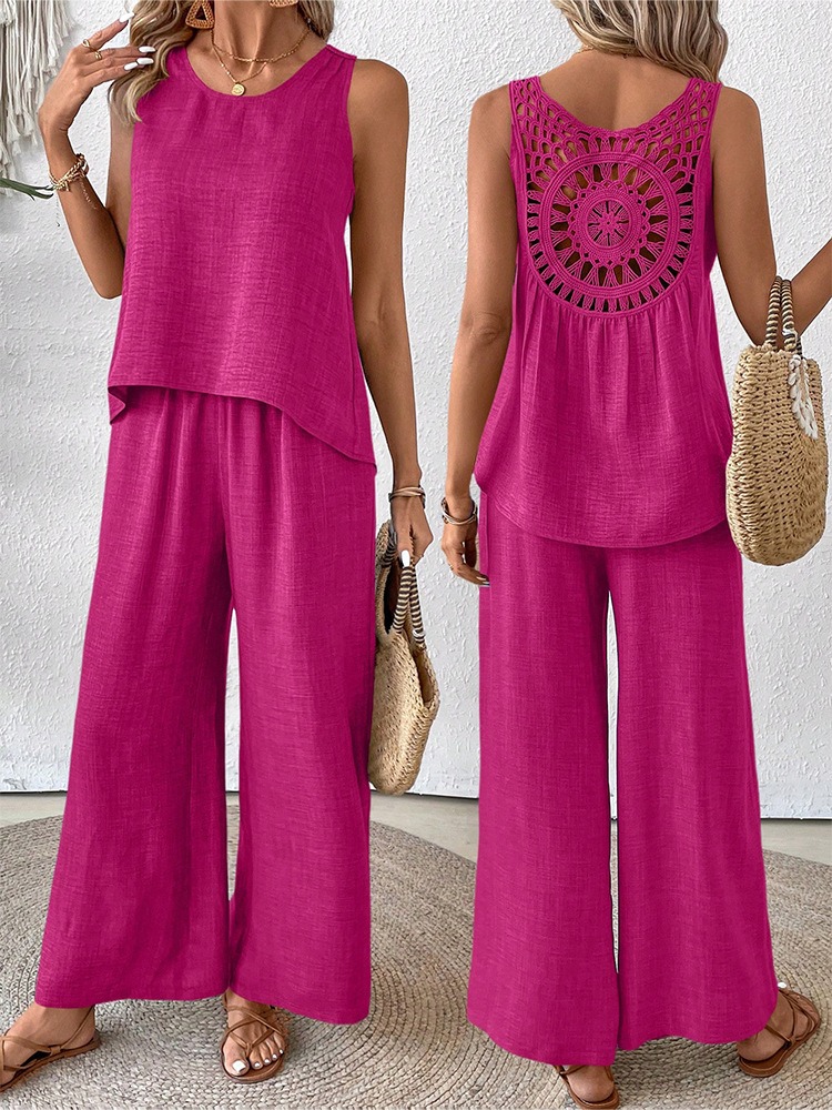 Women's Summer Floral Hollow Back Vest & Elastic Waist Wide Leg Pants Set