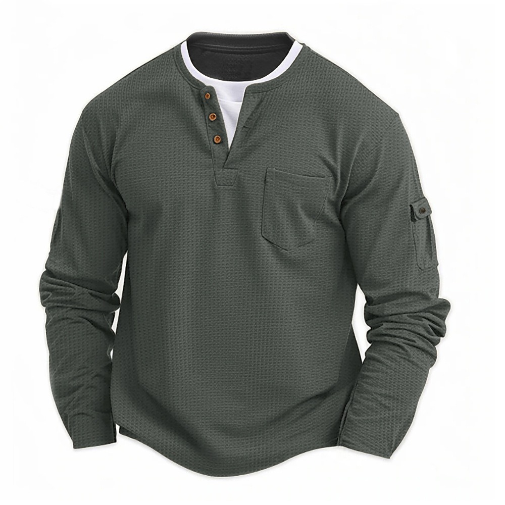 Mens Casual Waffle Henley Tops False Bilayer Quarter Button Solid Color Pullover With Pockets