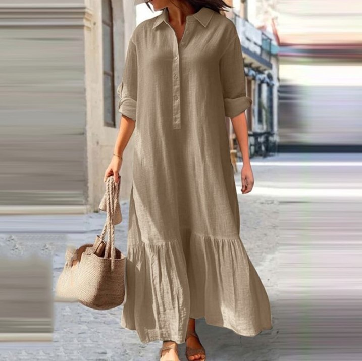 Cotton and Linen Long Irregular Dress Shirt Collar Twist Button Casual Dress