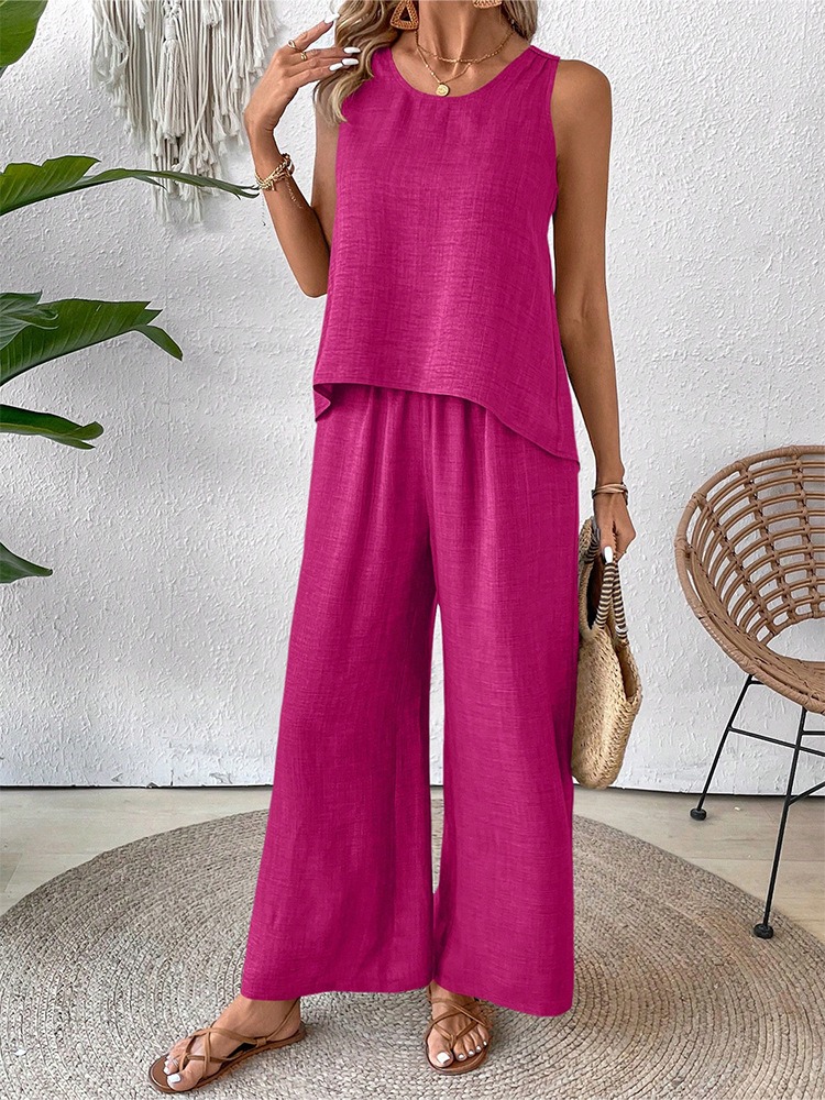 Women's Summer Floral Hollow Back Vest & Elastic Waist Wide Leg Pants Set