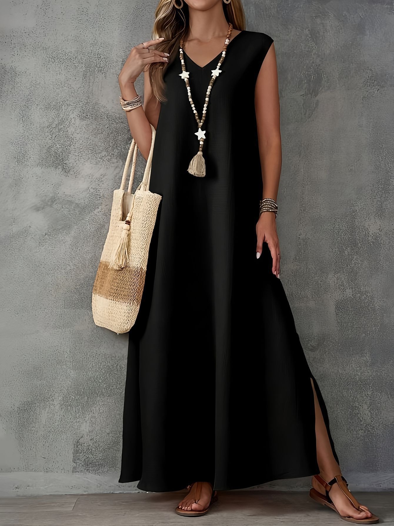 Elegant sleeveless V-neck dress with side slits
