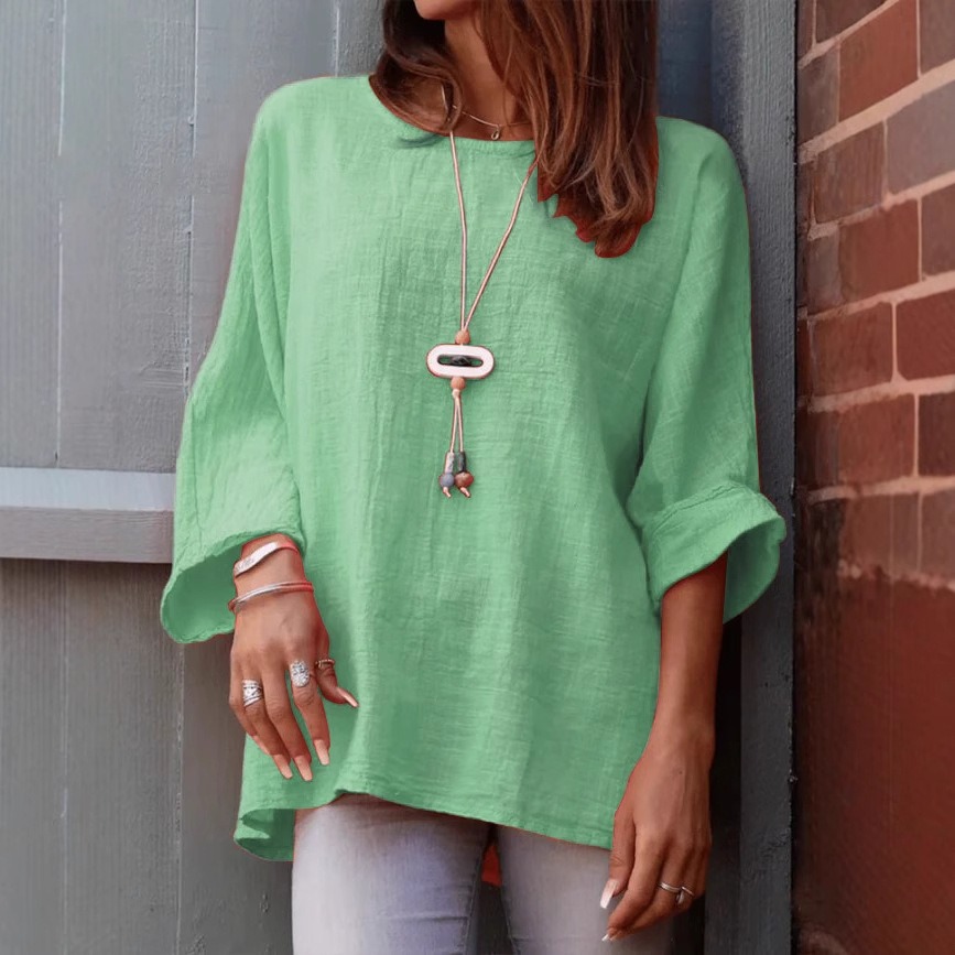 Women's round neck cotton and linen long-sleeved top