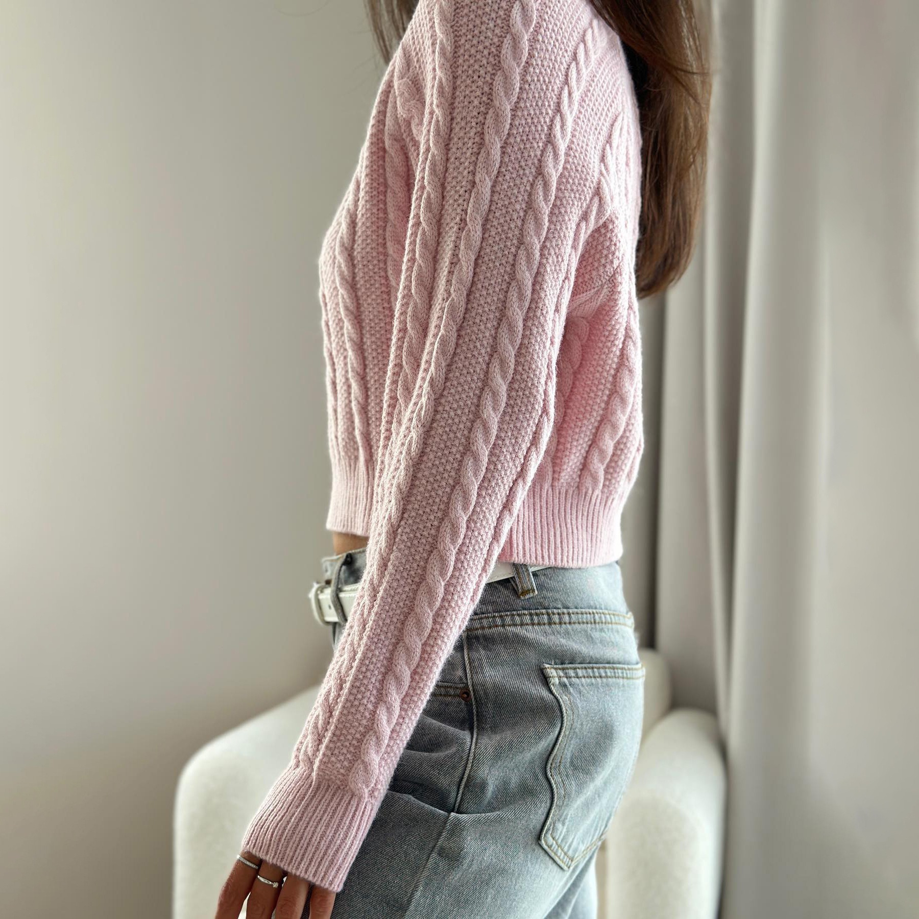 Women's pink round neck basic short sweater top