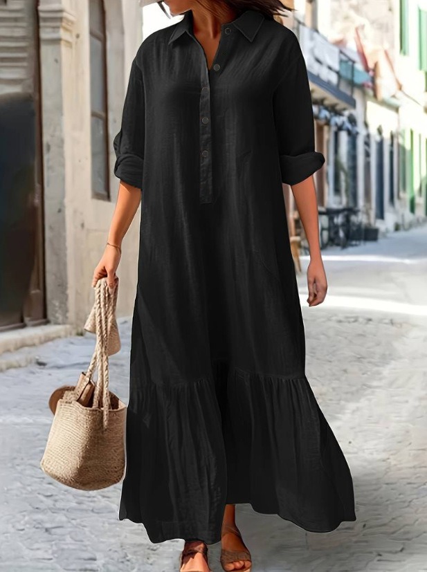 Cotton and Linen Long Irregular Dress Shirt Collar Twist Button Casual Dress