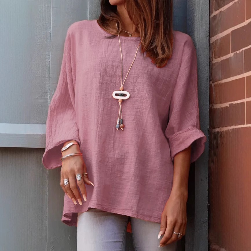 Women's round neck cotton and linen long-sleeved top