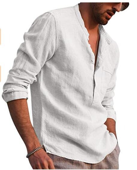 Men's Cotton Linen Summer Solid Color Stand-Up Collar Long-Sleeved Shirts