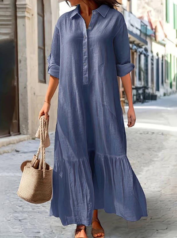 Cotton and Linen Long Irregular Dress Shirt Collar Twist Button Casual Dress