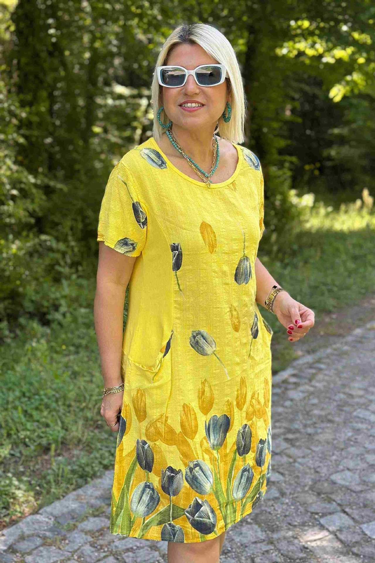 Green Crew Neck Pocket Tulip Pattern  Dress