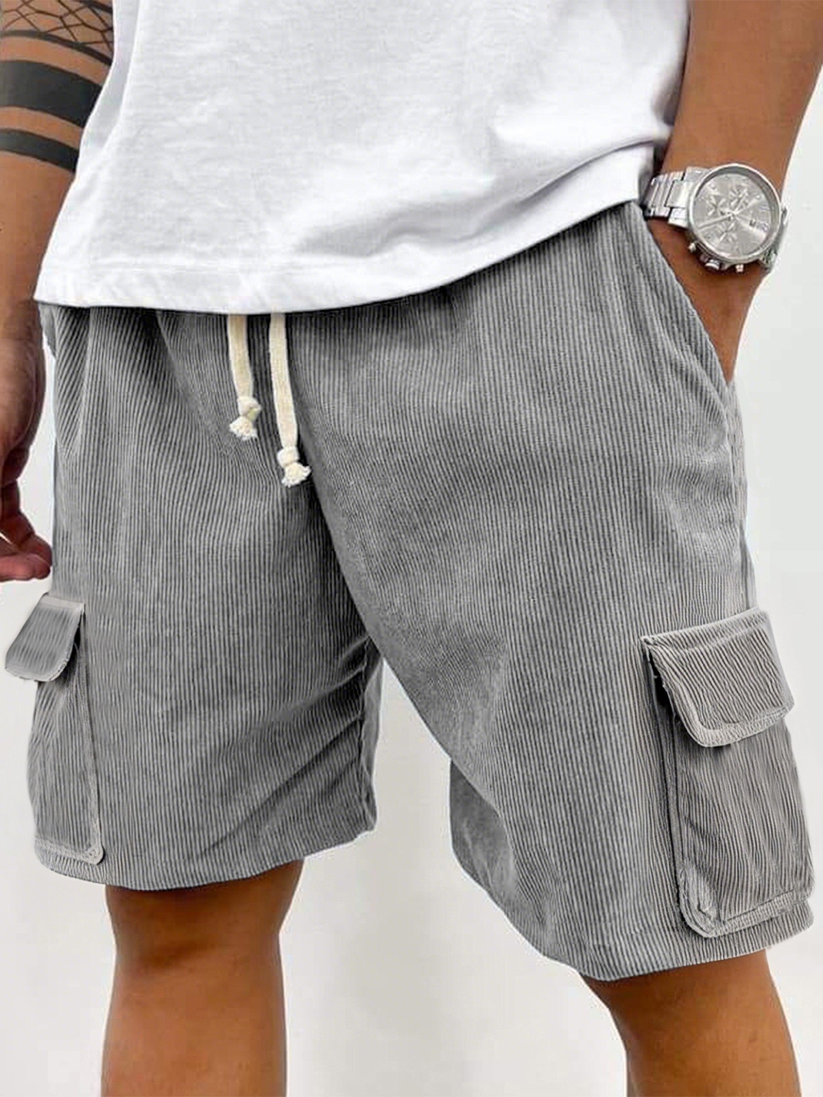 Men's Stylish Multi-pocket Cargo Shorts Corduroy Casual Lace-up Loose Shorts
