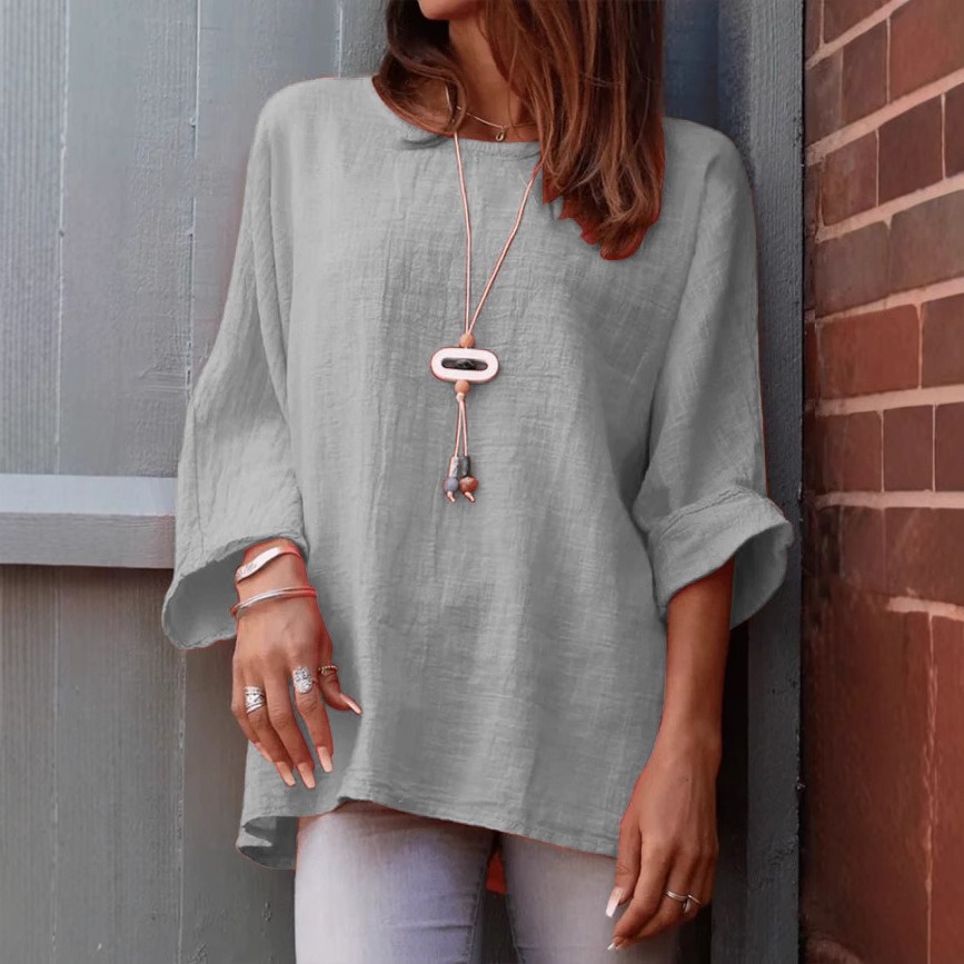 Women's round neck cotton and linen long-sleeved top