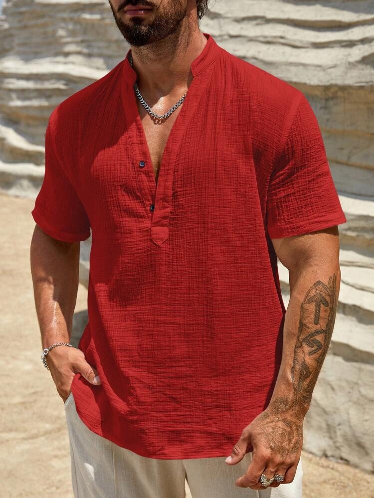 Men's bamboo cotton solid color breathable stand collar casual short-sleeved shirt