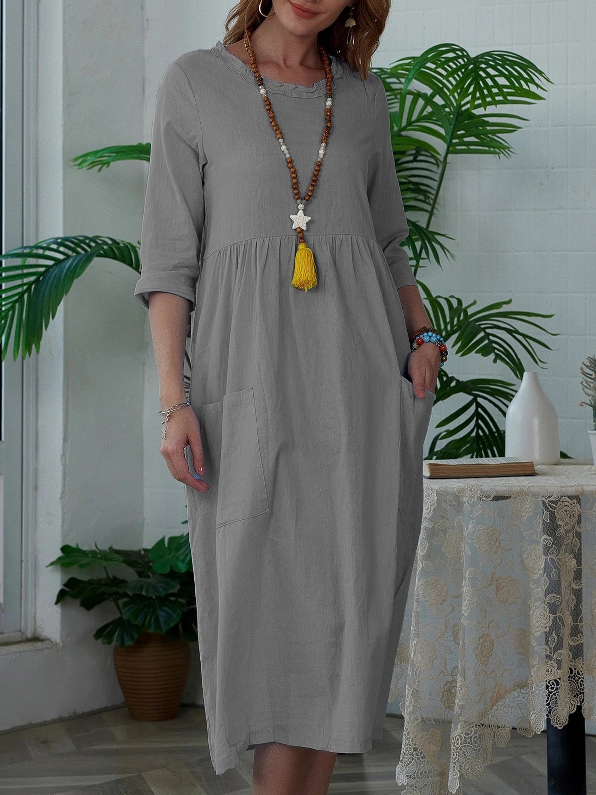 Lace round neck long skirt