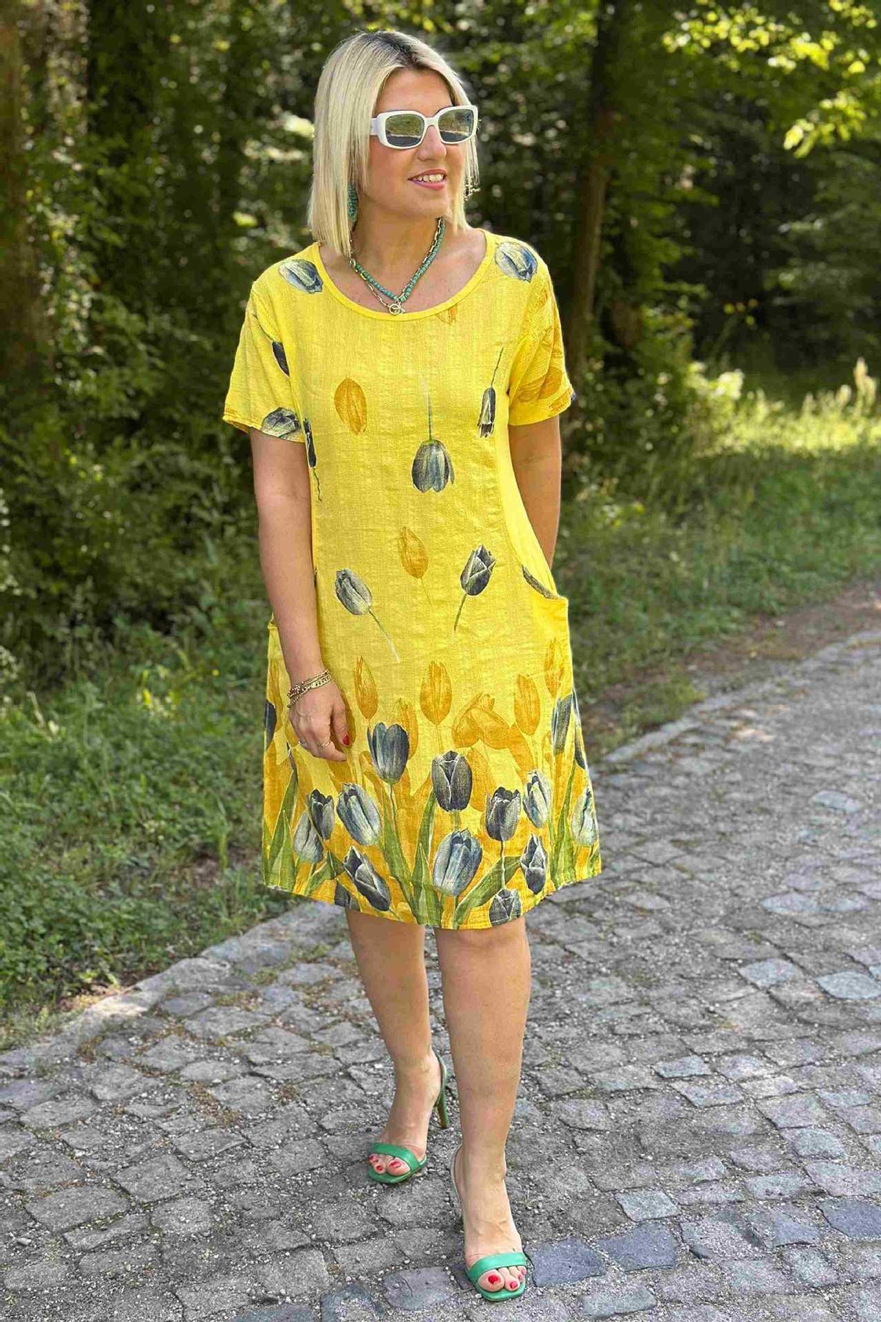 Green Crew Neck Pocket Tulip Pattern  Dress
