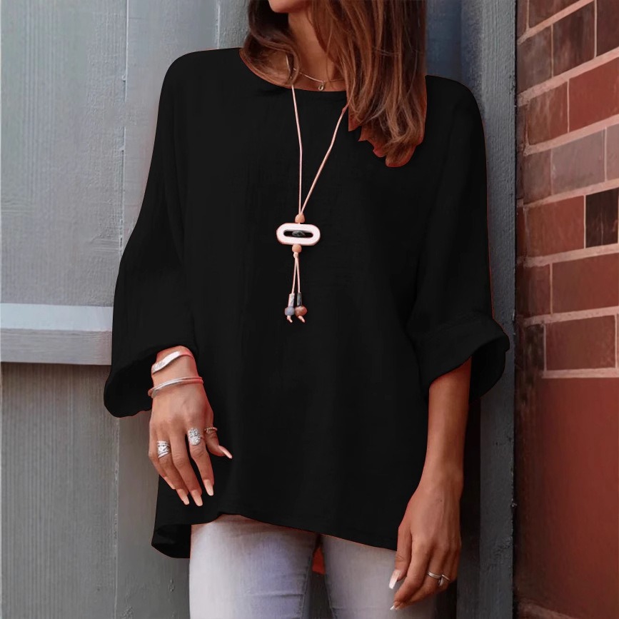 Women's round neck cotton and linen long-sleeved top