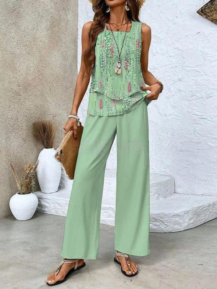 Sleeveless Double-layer Vest And Loose Straight Pants Set