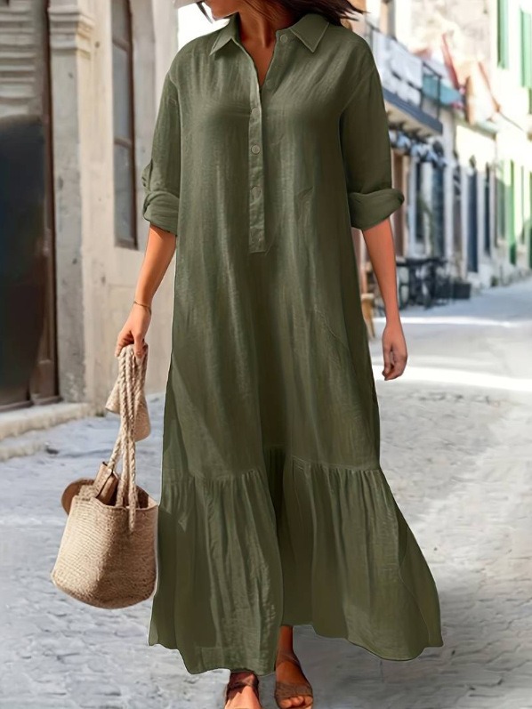 Cotton and Linen Long Irregular Dress Shirt Collar Twist Button Casual Dress