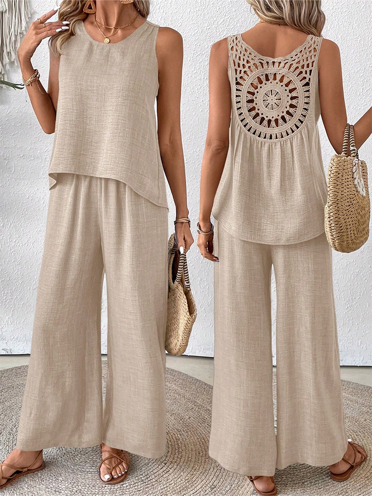 Women's Summer Floral Hollow Back Vest & Elastic Waist Wide Leg Pants Set