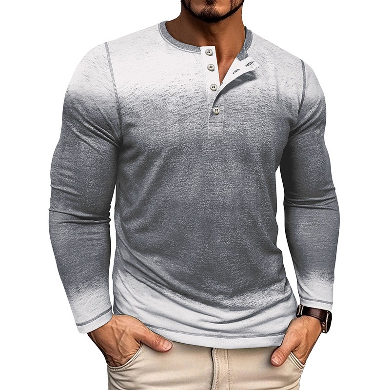 Men's Three Button Gradient Long Sleeve Henley Shirt