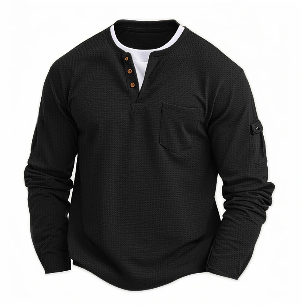 Mens Casual Waffle Henley Tops False Bilayer Quarter Button Solid Color Pullover With Pockets