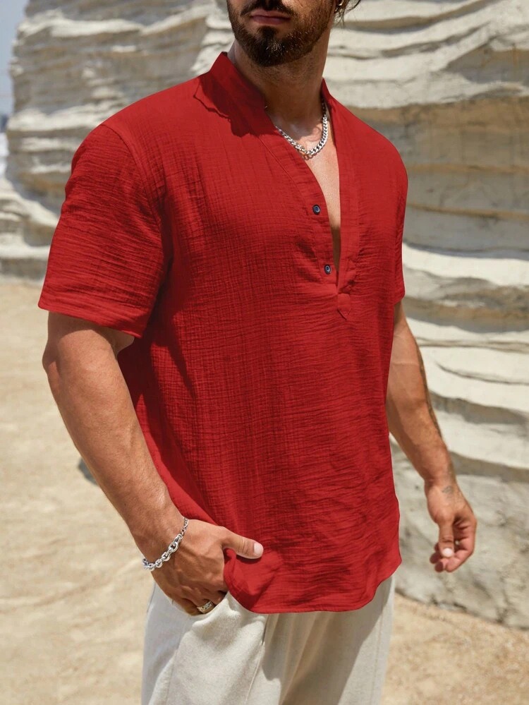 Men's bamboo cotton solid color breathable stand collar casual short-sleeved shirt