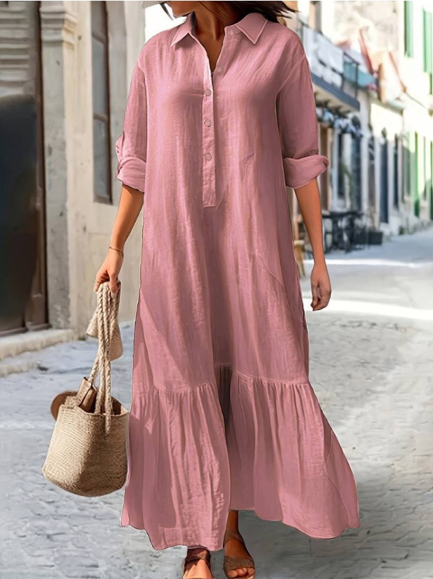 Cotton and Linen Long Irregular Dress Shirt Collar Twist Button Casual Dress