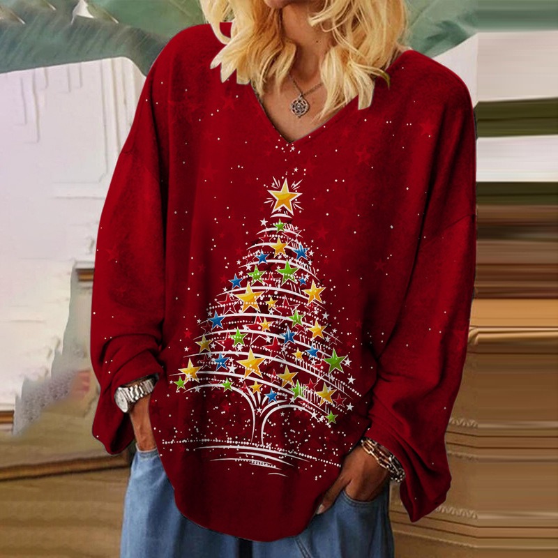 Printed loose V-neck pullover long-sleeved T-shirt