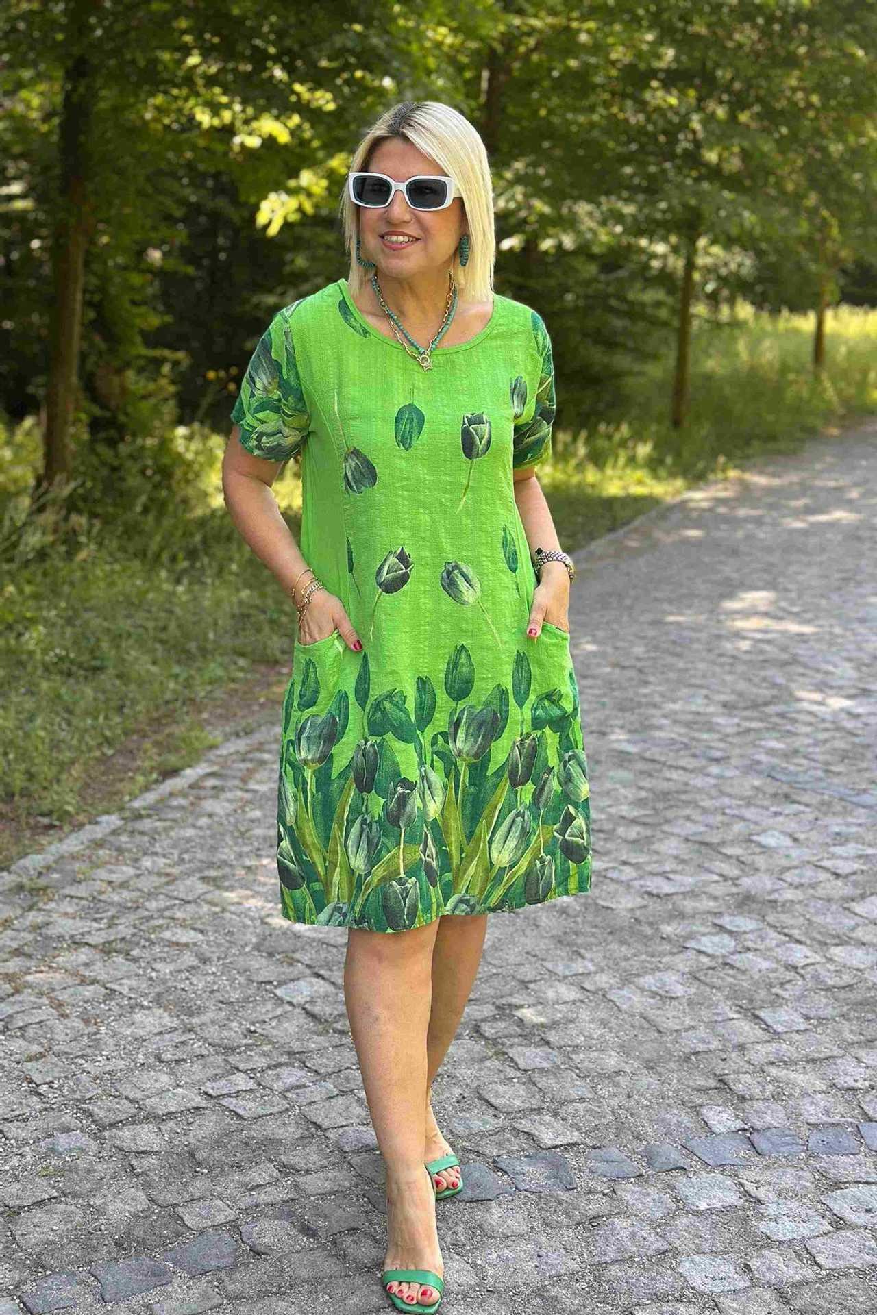 Green Crew Neck Pocket Tulip Pattern  Dress