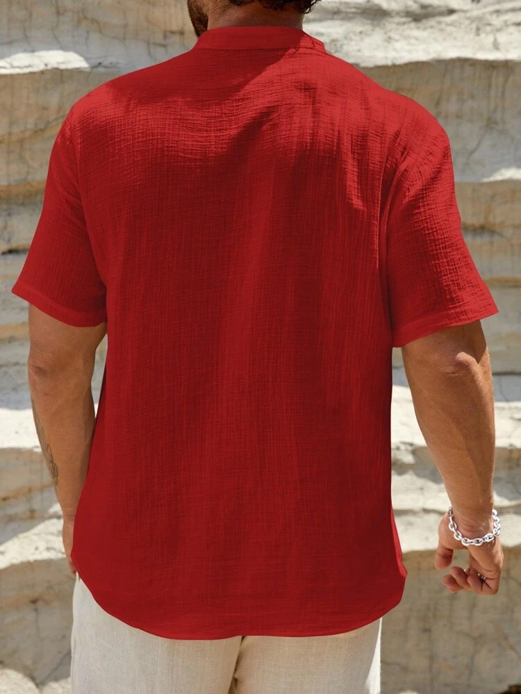 Men's bamboo cotton solid color breathable stand collar casual short-sleeved shirt