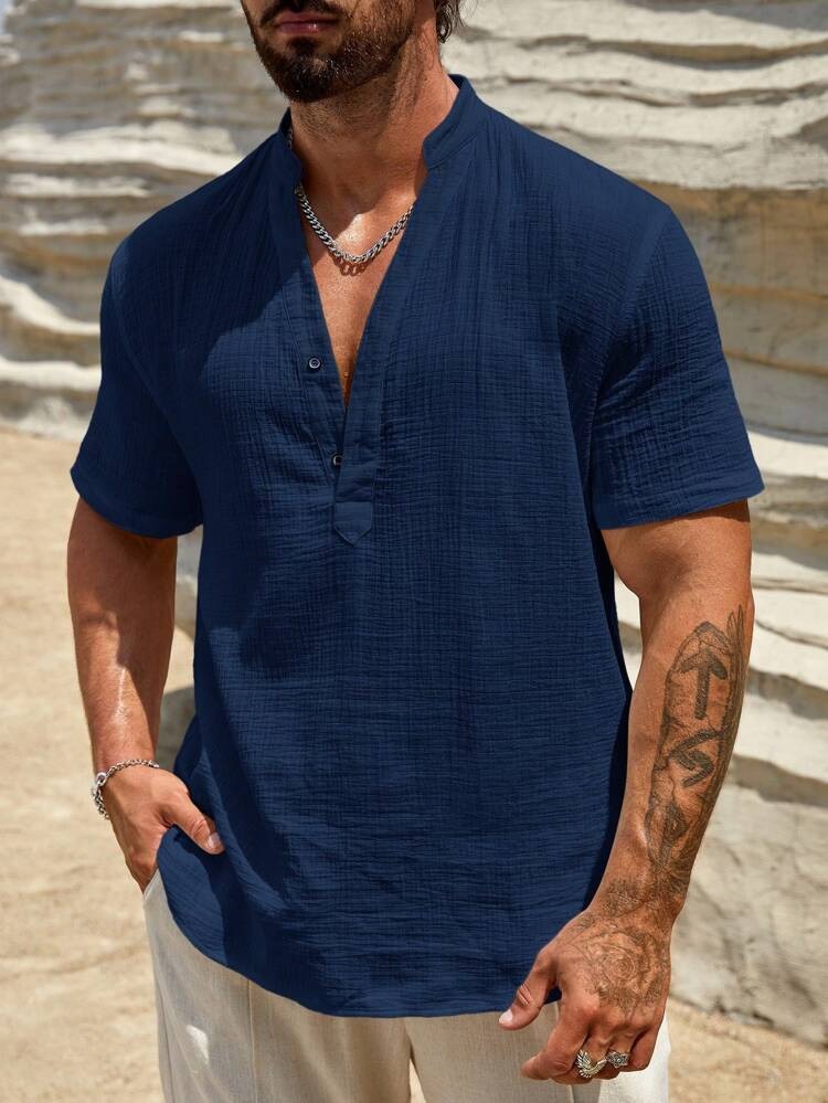 Men's bamboo cotton solid color breathable stand collar casual short-sleeved shirt