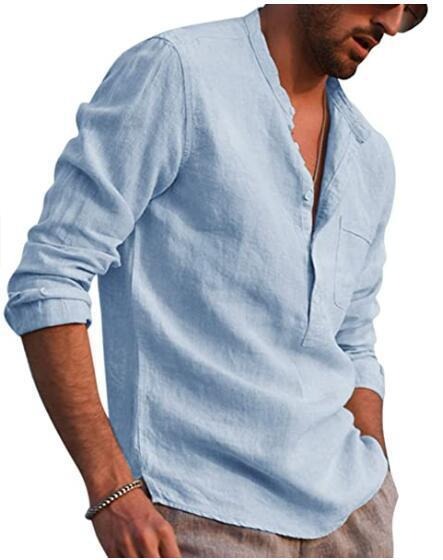Men's Cotton Linen Summer Solid Color Stand-Up Collar Long-Sleeved Shirts
