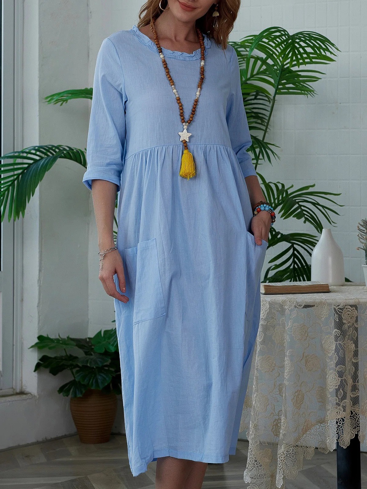 Lace round neck long skirt