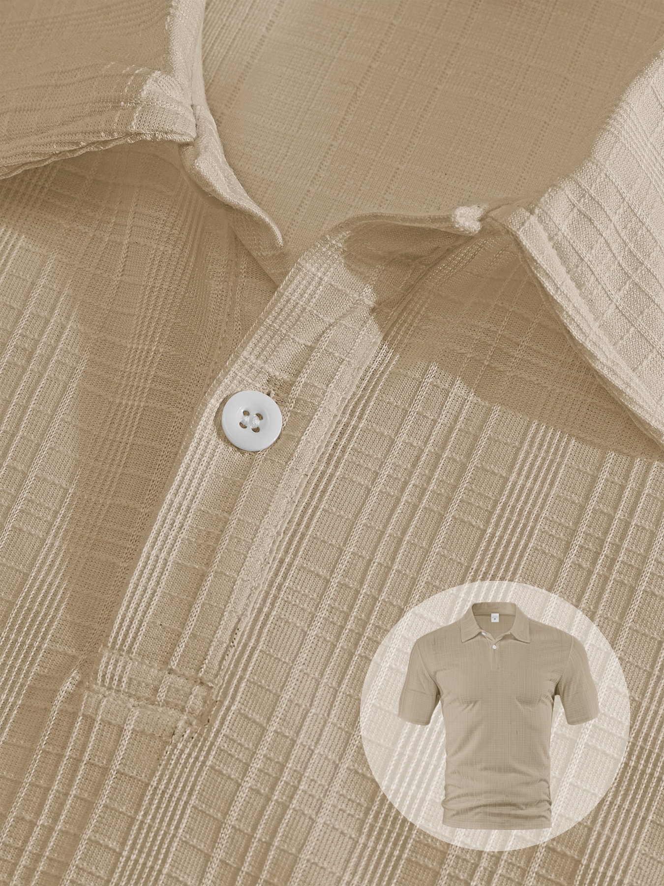 Men Waffle Plaid Lapel Short Sleeve Shirt 