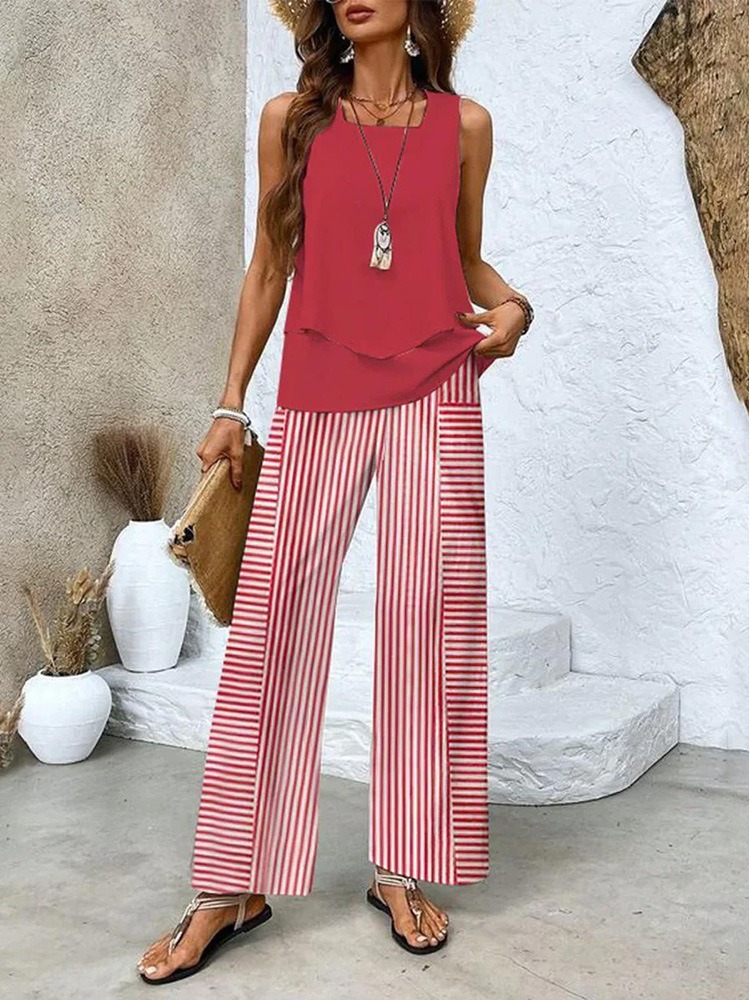 Sleeveless Double-layer Vest And Loose Straight Pants Set