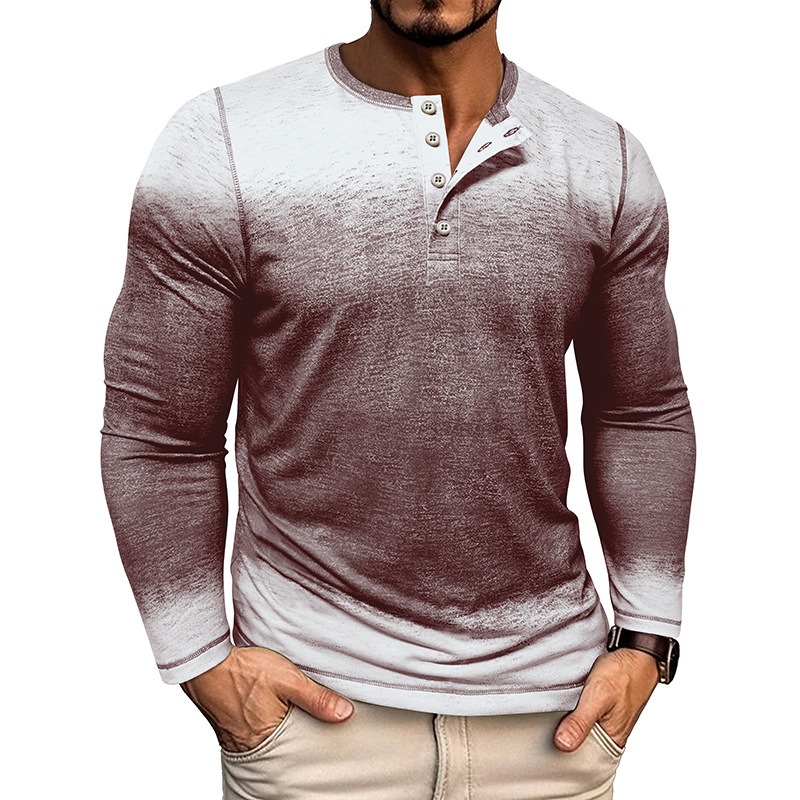 Men's Three Button Gradient Long Sleeve Henley Shirt