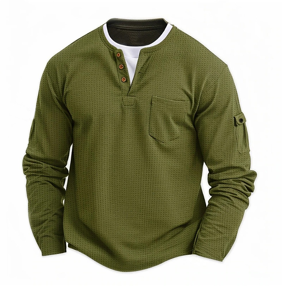 Mens Casual Waffle Henley Tops False Bilayer Quarter Button Solid Color Pullover With Pockets