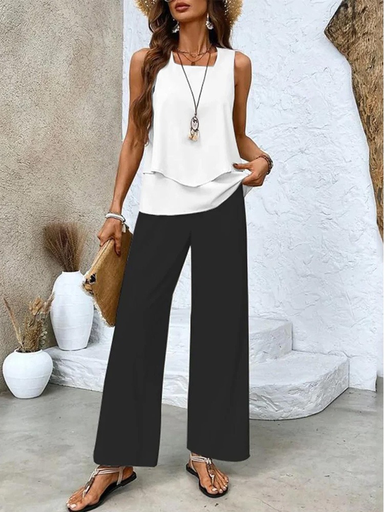 Sleeveless Double-layer Vest And Loose Straight Pants Set